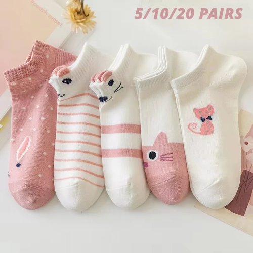 Bộ 5/10/20 đôi tất cổ thấp nữ, mỏng, dùng mọi mùa, họa tiết mèo màu hồng