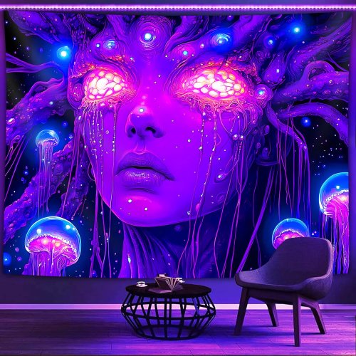 Tapiz VIKAMA medusa psicodélica — colgante de tela impreso en tonos morados, reactivo a luz negra (UV) para decorar la habitación