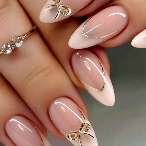 24pcs Nude Pink Press-On Nails with Gold Edge, Bow Decor — Long Almond False Nails for Elegant Wedding Manicure