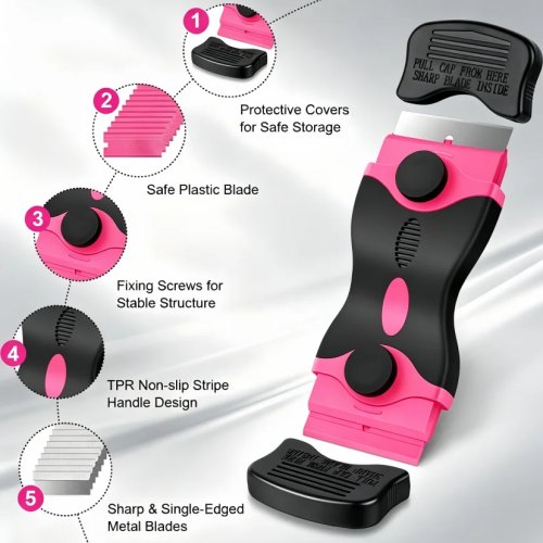 Raspador 2 en 1 con 10 cuchillas metálicas y 10 de plástico — Herramienta multiusos para eliminar adhesivos, pegatinas, etiquetas y masilla (Rosa)
