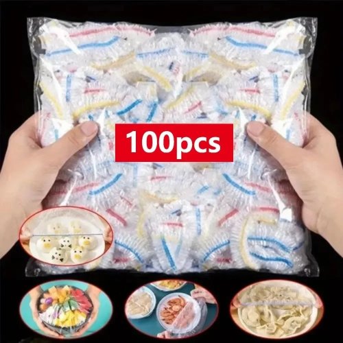 100-Pack Colorful Disposable Plastic Food Covers - Stretch Wrap for Fridge, Kitchen, Fruit - Keep Food Fresh
