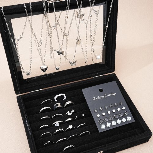 51-teiliges Damen-Schmuckset in Silber – Halskette, Ohrringe und Ringe mit Schmetterling, Herz und Perlen – passend für den Alltag