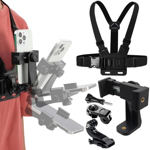 Adjustable Phone Clip Holder with Chest Strap Mount for Action Camera and Smartphone, Black