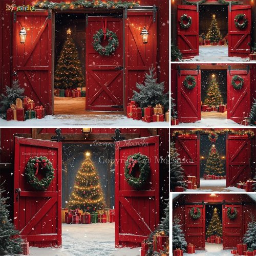 Fondo de fotografía puerta roja Navidad granero rústico árbol de Navidad regalo nieve para Nochevieja niños familia estudio
