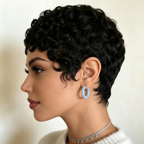 Wig Pixie Hitam Keriting Pendek Rambut Asli untuk Wanita