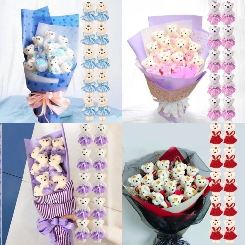 10 pezzi Orsetti di spugna mini con mazzo di fiori, 12 cm, Decorazioni fai da te per regali di San Valentino, Accessori per imballaggio