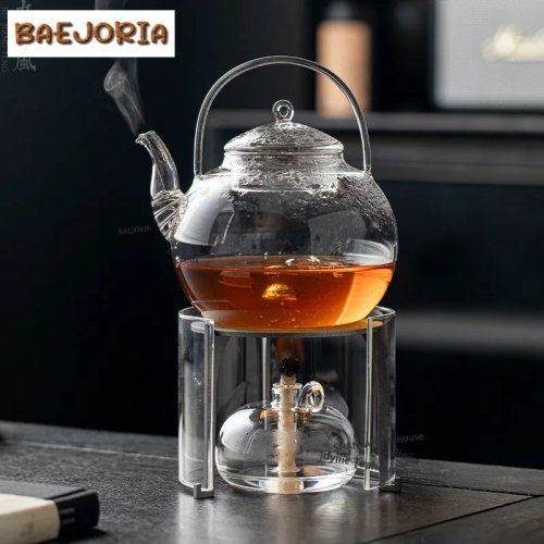 800ml Glazen theepot met theewarmer en alcoholbrander om water te koken