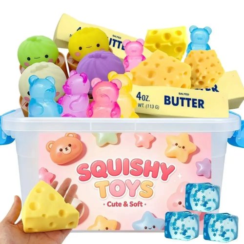 Набір Squishy повільного підйому – Випадкове наповнення: сир, парові булочки, пельмені, довгий хліб з маслом і ведмедик