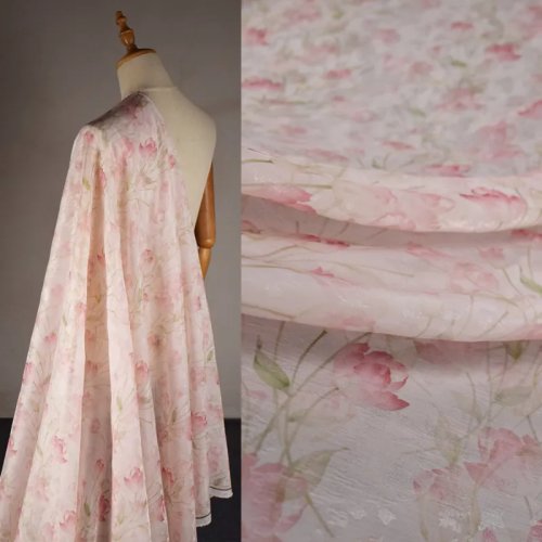 Pink Floral Jacquard Chiffon Fabric for Qipao Hanfu Dress, Chinese Style, Lightweight Soft Sheer, DIY Sewing