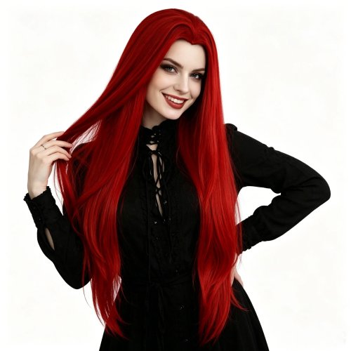 ハロウィン用 赤いロングウィッグ 合成繊維ストレートヘア コスプレ・パーティー・フェスティバル用
