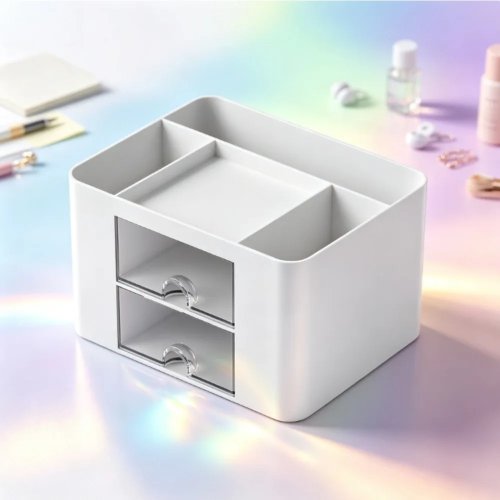 Organizador de secretária branco multifuncional para canetas com 5 compartimentos e 2 gavetas, suporte para material de escritório e artesanato