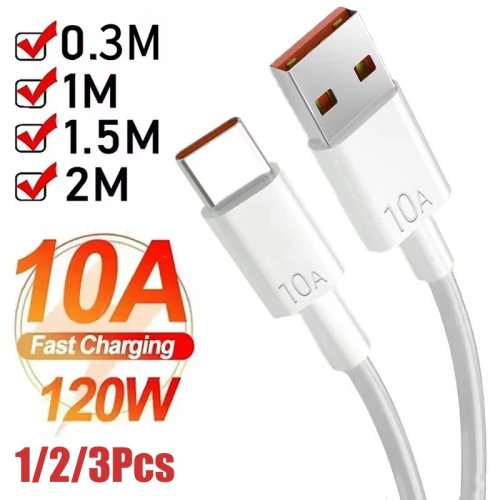 Cable USB Tipo C 120W Carga Súper Rápida, 10A, 2M para Xiaomi Redmi, Transferencia de Datos, 1/2/3 Unidades