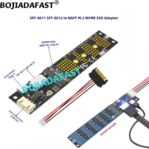 Oculink SFF-8611 to M.2 Key-M 2280 NVMe SSD Adapter Card with SATA 15Pin Power Cable