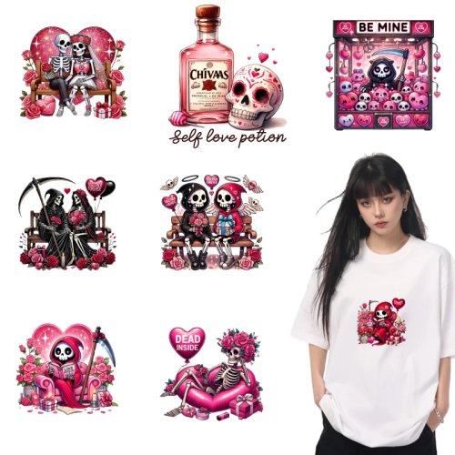 2 Patches de Engomar Caveira Coração Rosa Morte Amor para Roupa