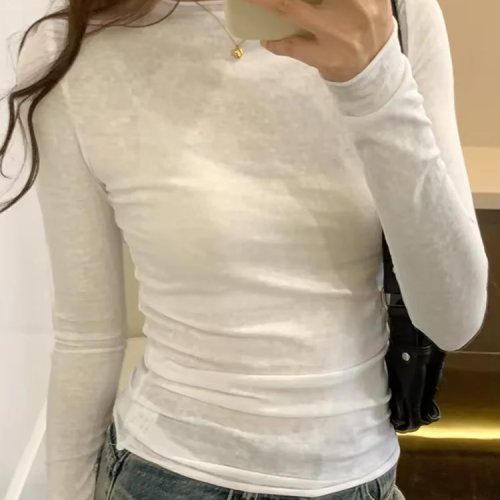 Damen T-Shirt Langarm Slim Fit Rundhalsausschnitt Einfarbig für Frühling Herbst Casual Basic
