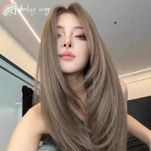 레이어 긴 생머리 여성 가발 24인치 그린/브라운 일상 및 코스프레용 합성섬유