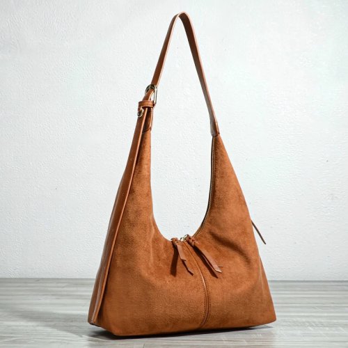 Tas Hobo Vintage Suede Sintetis Wanita, Tas Tangan Mewah Desainer, Kulit PU, Tali Lebar, Bahu Sedang