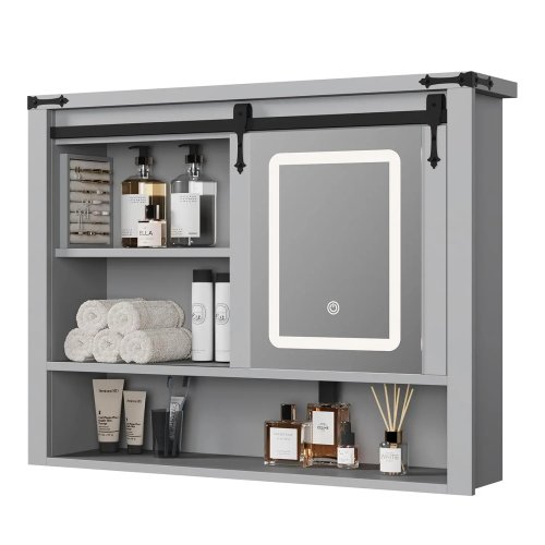 Tủ treo tường phòng tắm phong cách nông thôn 31 inch, có gương, để trên bồn cầu, 3 chế độ đèn, độ sáng điều chỉnh, giá để trang sức