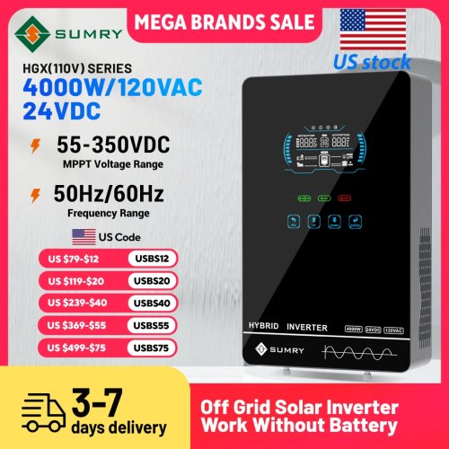 Inverter Surya Sumry 4kW 120V Off-Grid, 24V 140A MPPT Charger, Gelombang Sinus Murni untuk Rumah dengan Layar LCD