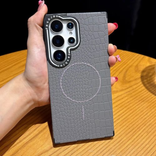 Krokodilpräge-Leder Case mit Magnet MagSafe für Samsung S25 S24 S23 Plus Ultra, Stoßfest, Business-Hülle mit Linsenschutz