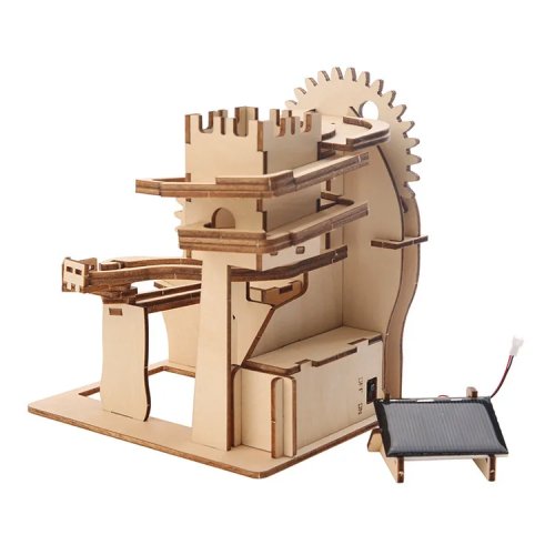 DIY 太陽エネルギー水車マーブルラン 3D木製パズル組み立てキット 子供と大人のおもちゃ