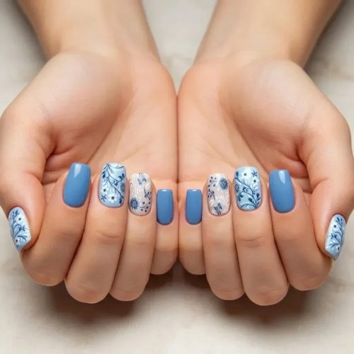 Unghie press-on floreali blu e bianche, stile porcellana vintage, quadrate corte, unghie in acrilico lucide riutilizzabili con design floreale dipinto a mano, per donna, quotidiano, festa, matrimonio