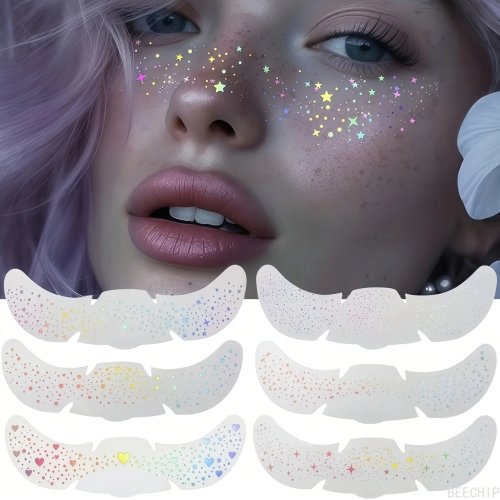 6 Sheets Glitter Freckles Holographic Stickers - Heart Temporary Tattoos, Waterproof