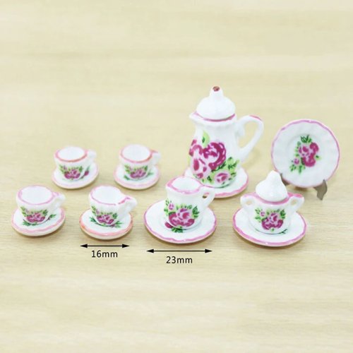 15Pcs 1:12 Scale Ceramic Dollhouse Miniature Tea Cup Set - Porcelain Tableware Toy