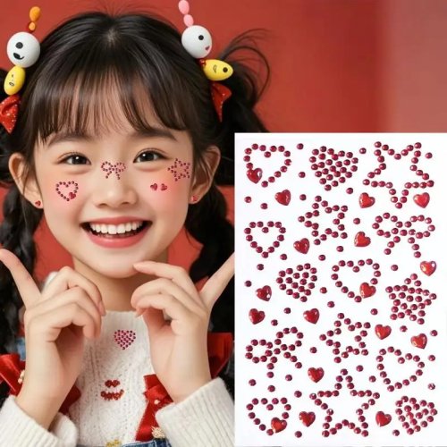 1장, 다채로운 셀프 접착 페이스 라인석 스티커, 하트 별 패턴, 새해 파티 얼굴 장식