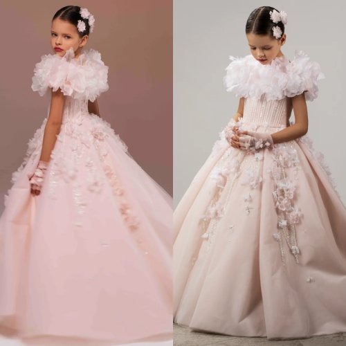 Blush Pink Flower Girl Dress with Beading, Princess Birthday Party Gown for Kids, Custom First Communion Dress