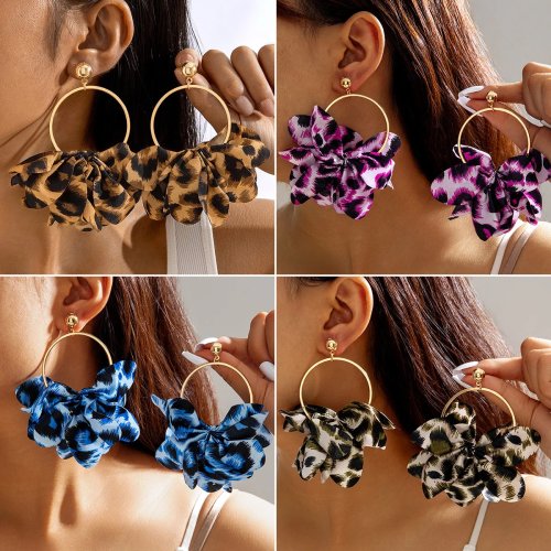 Anting-anting Fashion Warna Mencolok Kain Macan Tutul Geometris Bulat dengan Batu Imitasi untuk Wanita