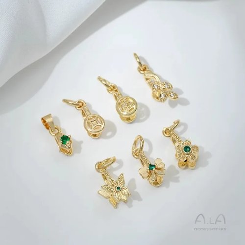 Cierre de seguridad para dije de 14K oro, circón verde, forma de pipa de melón, carácter Fu, hoja y mariposa, para bisutería DIY