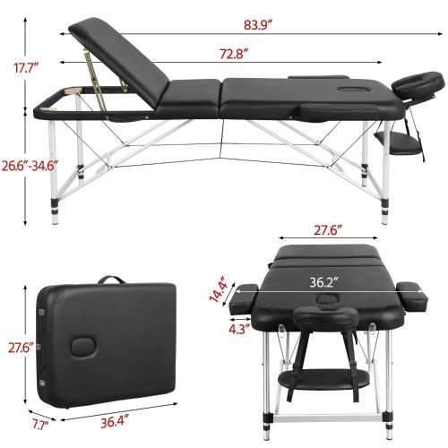Inklapbare massage tafel, draagbaar, 28 inch breed, zwart, gevoerd met schuim, PVC-leer, verstelbaar, spabed