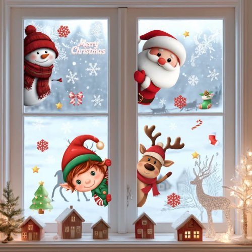 Pegatina de ventana navideña de dibujos animados linda: Papá Noel, elfo y reno – Adhesivo estático, removible