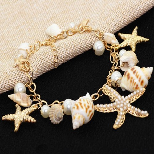 Bracelet femme bohème en alliage avec motif étoile de mer nacré – Accessoire de mode pour la plage en été