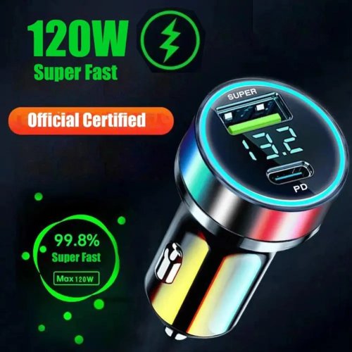 Cargador de coche USB de 2 puertos súper rápido 120W para iPhone 14 Pro Max 13 12 11 Samsung S23 S22