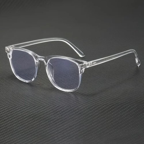 Durchsichtige Brille mit eckigem Kunststoffrahmen und Blaulichtfilter für die Schule