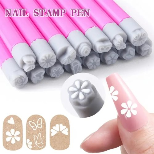 Timbro per unghie con fiore, punteruolo a punti margherita in silicone, penna per stampare unghie rosa per manicure DIY con decorazioni floreali