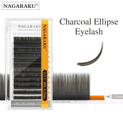 NAGARAKU تمديد الرموش Flat Ellipse – ناعم طبيعي، مطفي رمادي/أسود، أطراف متشعبة