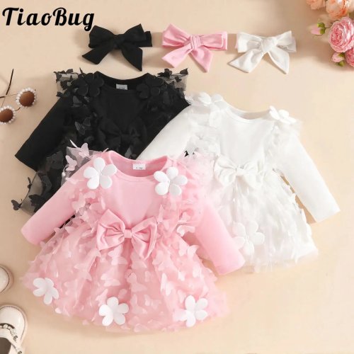 Vestido de Princesa para Bebé Niña, Manga Larga, Florales, Lazo, Tul Tutú, con Diadema para Boda y Fiesta de Cumpleaños