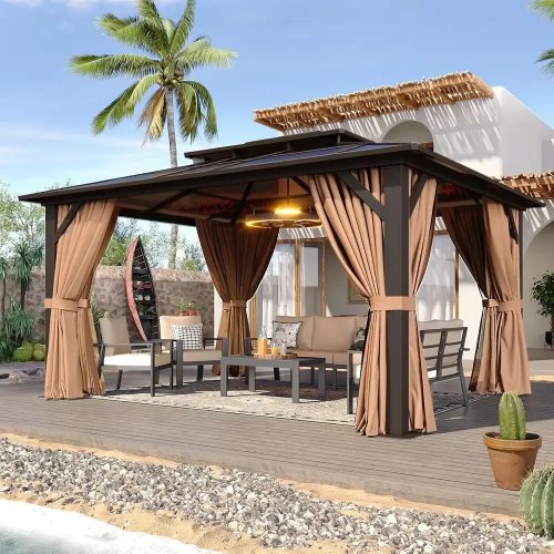 Gazebo mái cứng 12'x14' với mái polycarbonate đôi, kèm lưới che và rèm cửa cho sân vườn (Kaki)