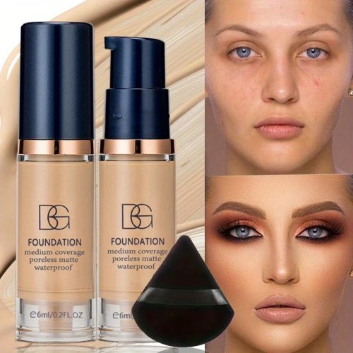 2-Piece Full Coverage Waterproof Liquid Foundation with Black Triangular Powder Puff - Long-Lasting Matte Finish, Covers Dark Circles & Blemishes