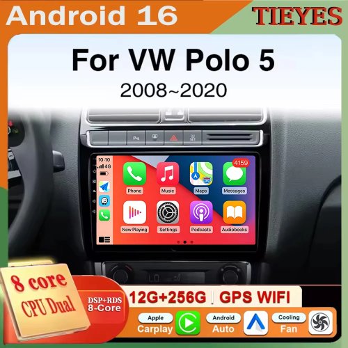 Rádio de carro Android 15 para VW Polo 5 (2008-2017) com CarPlay, Auto, GPS, WiFi, 4G, Bluetooth