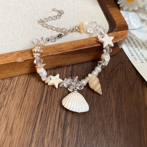 Bohemian Armband aus natürlicher Muschel mit Seestern und Perle, Sommer Strand Schmuck für Damen
