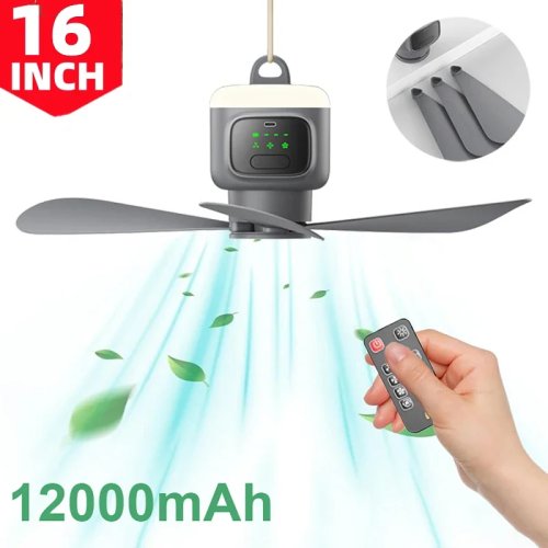 Kipas Angin Plafon Remote 16 Inci, Portabel USB, Baterai 12000mAh, Lampu LED, Kipas Camping