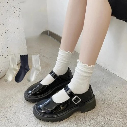Kaus Kaki Wanita Ruffle (5/10/20 Pasang) - Panjang Betis & Pendek, Breathable, Hitam Putih, Set Musim Semi/Musim Gugur