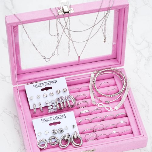Set Perhiasan Wanita Perak Vintage 49 Pcs, Anting-anting Geometris Mutiara Zirkon, Cincin, Kalung, Gelang Model Boho