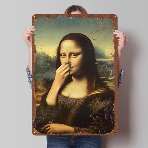 Zabawny Metalowy Znak Mona Lisy do Łazienki lub Kawiaru - Personalizowana Blaszana Tabliczka do Dekoracji Ściany