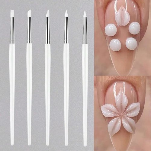 5er-Set Silikon Nagelpinsel & Dotting-Werkzeug für UV-Gel, 3D Nailart, DIY Maniküre