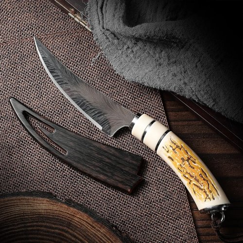 Cuchillo para frutas curvo y afilado con hoja satinada y mango de plástico